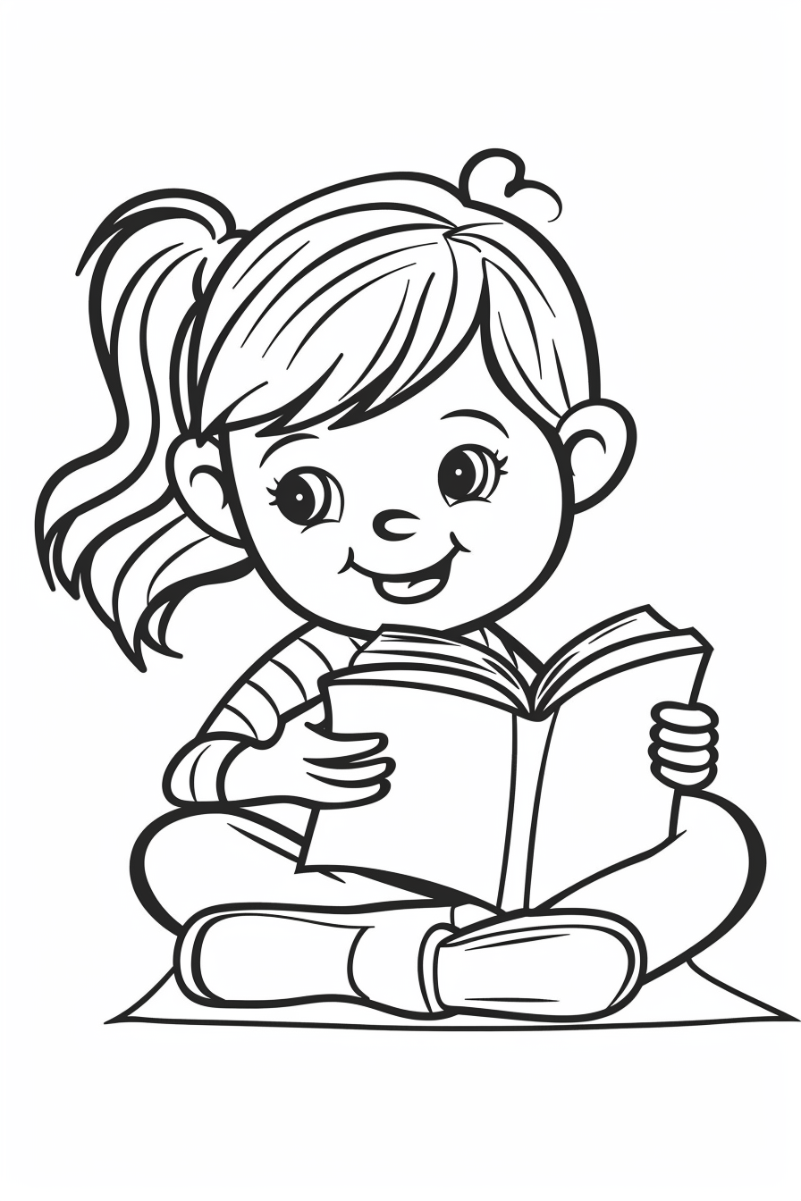 Girl Kid Reading A Book Coloring Pages