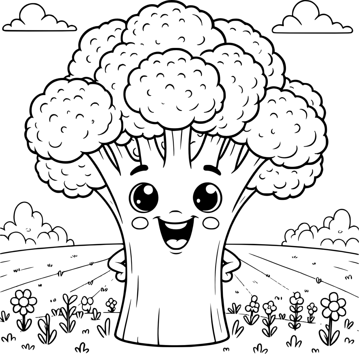 Smiling Broccoli In Field Coloring Pages - ColoringDraft.com